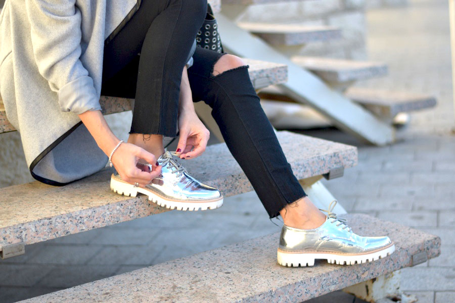 metallic silver sneakers